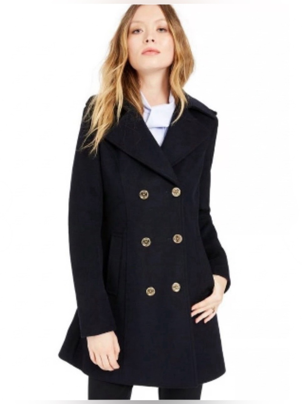 Michael Kors Classic Double-Breasted Skirted Wool Peacoat in Navy Size Small